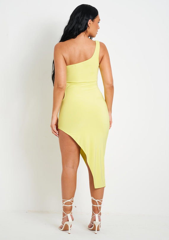 Missyempire Chantria Lime Double Layer Slinky Cut Out One Shoulder Midi Dress