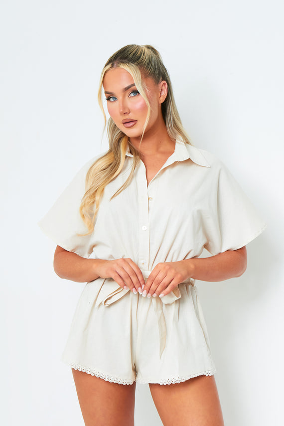 missyempire Charley Beige Tie Waist Plunge V Neck Playsuit