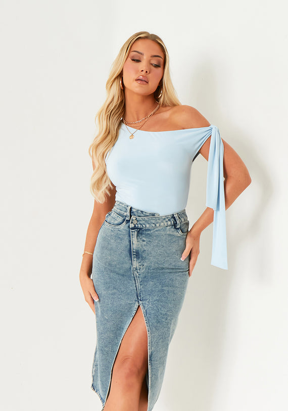 missyempire Charlotte Blue Tie Shoulder Super Soft Top