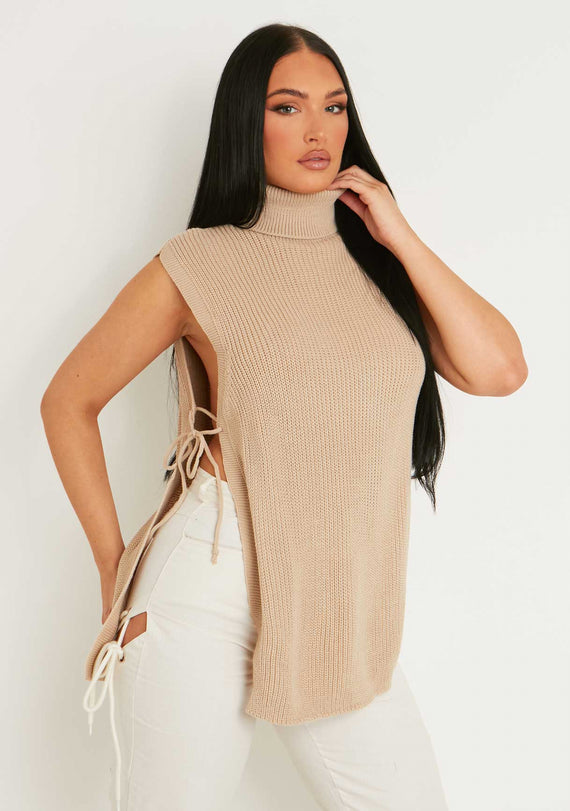 Missyempire Cheryl Beige Knitted Roll Neck Tie Side Vest