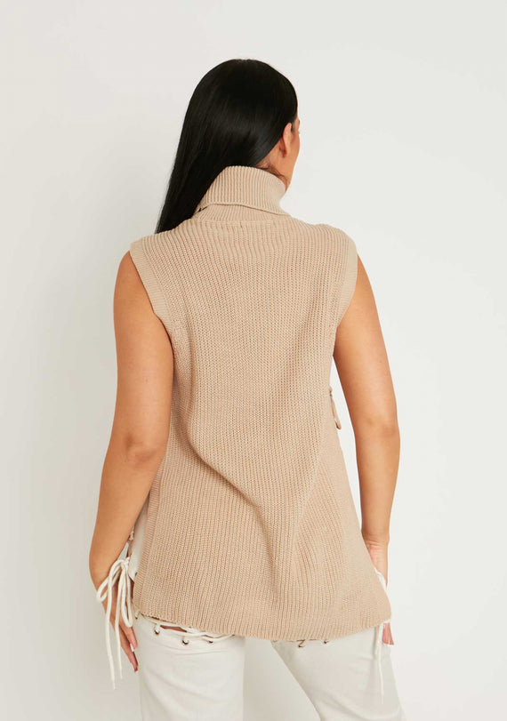 Missyempire Cheryl Beige Knitted Roll Neck Tie Side Vest