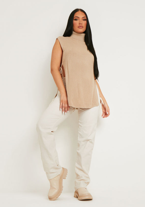 Missyempire Cheryl Beige Knitted Roll Neck Tie Side Vest