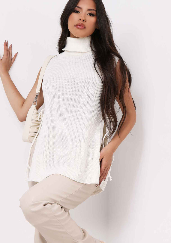 missyempire Cheryl Cream Knitted Roll Neck Tie Side Vest