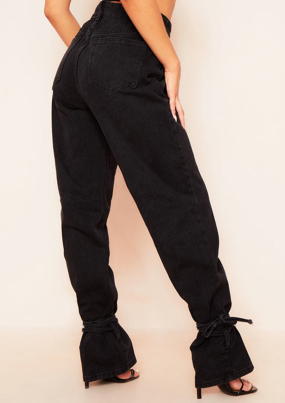 Missyempire Cici Black Denim Dark Wash Tie Hem Straight Leg Jeans
