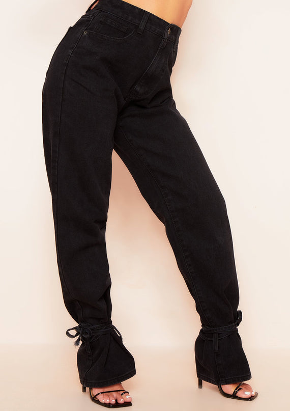 Missyempire Cici Black Denim Dark Wash Tie Hem Straight Leg Jeans