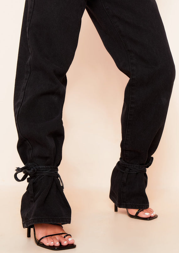 Missyempire Cici Black Denim Dark Wash Tie Hem Straight Leg Jeans