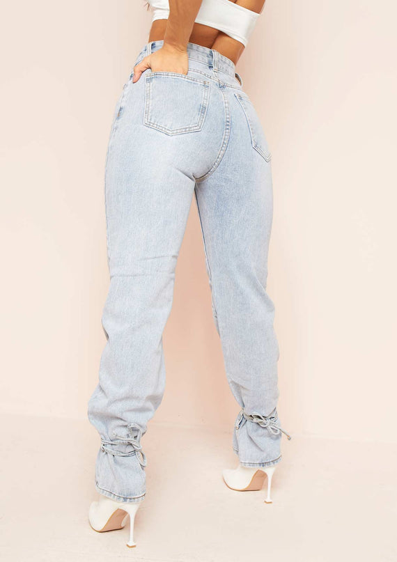 Missyempire Cici Denim Light Wash Tie Hem Straight Leg Jeans