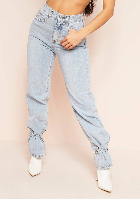 missyempire Cici Denim Light Wash Tie Hem Straight Leg Jeans