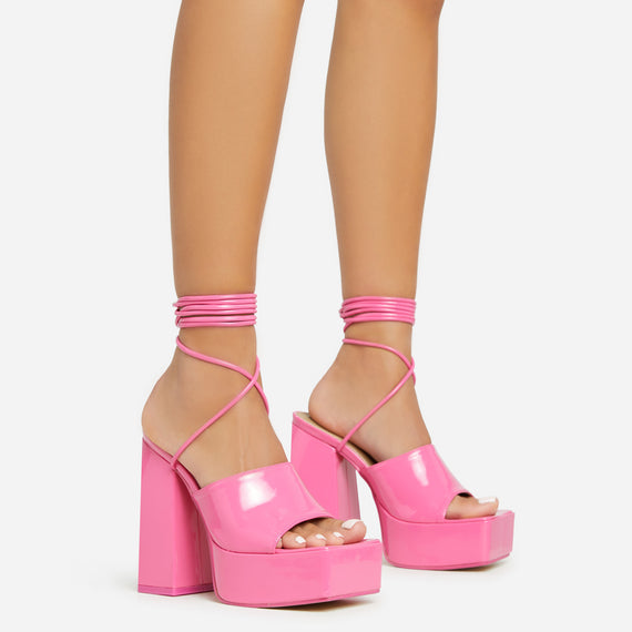 missyempire Clay Lace Up Square Toe Platform Block Heel In Pink Patent