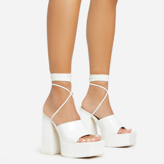 missyempire Clay Lace Up Square Toe Platform Block Heel In White Patent