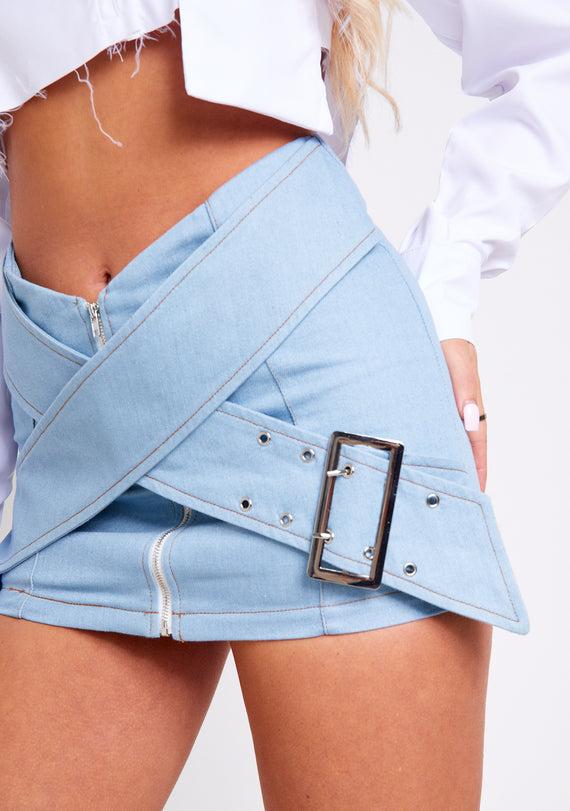 Missyempire Cloe Mid Wash Pastel Blue Denim Belted Mini Skirt