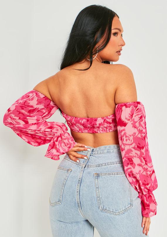 Missyempire Colleen Pink Puff Sleeve Bardot Crop Top