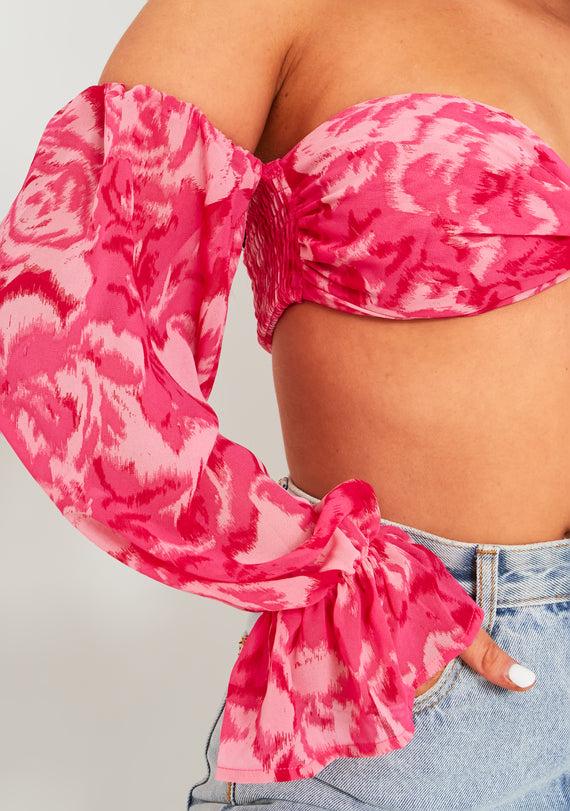 Missyempire Colleen Pink Puff Sleeve Bardot Crop Top