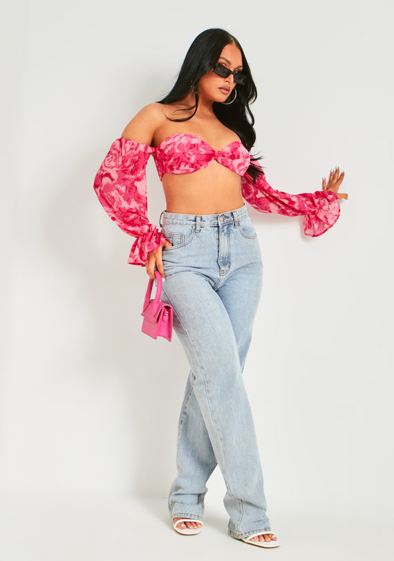 Missyempire Colleen Pink Puff Sleeve Bardot Crop Top
