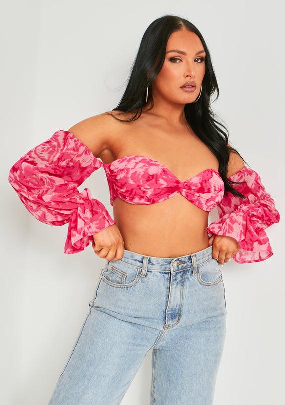 missyempire Colleen Pink Puff Sleeve Bardot Crop Top