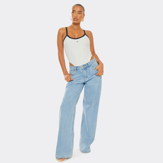 missyempire Contrast Scoop Neck Logo Detail High Leg Swimsuit In White