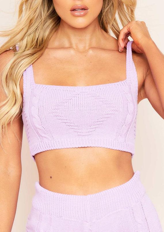Missyempire Cruz Lilac Cable Knitted Ribbed Crop Top