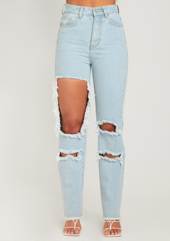 Missyempire Cyntoia Blue High Waisted Cut Out Ripped Denim Jeans