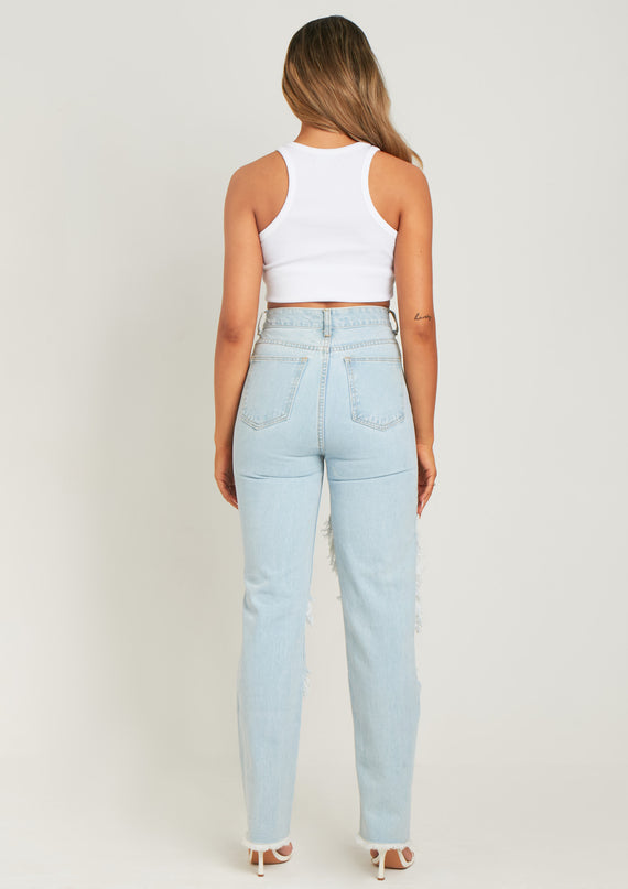 Missyempire Cyntoia Blue High Waisted Cut Out Ripped Denim Jeans