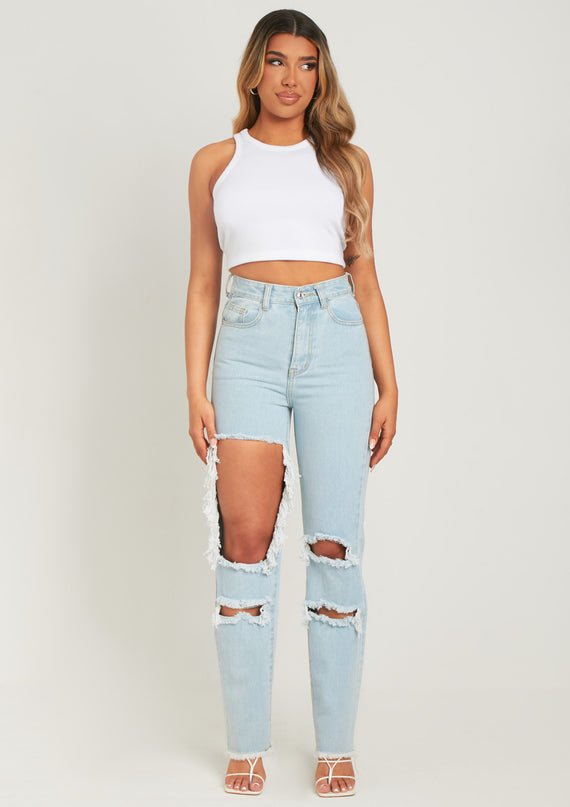 missyempire Cyntoia Blue High Waisted Cut Out Ripped Denim Jeans