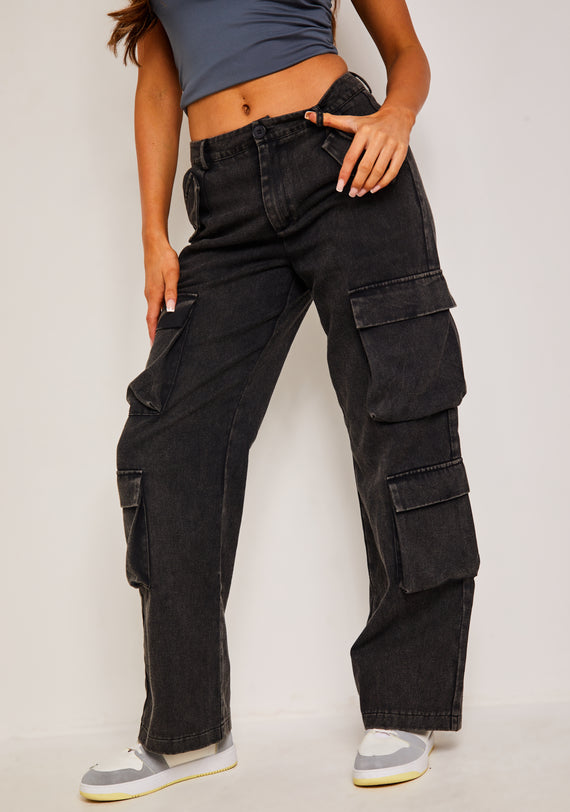 Missyempire Dana Washed Black Multi-Pocket High Waisted Cargo Trousers