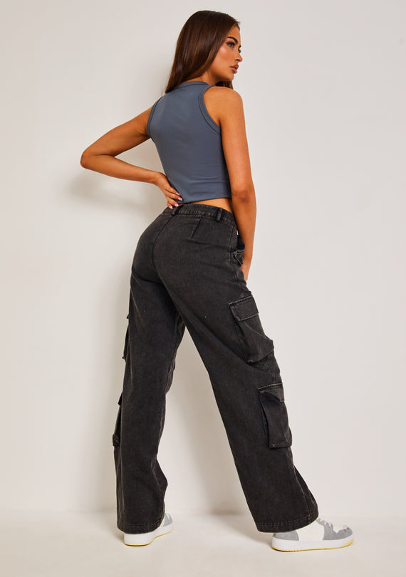 Missyempire Dana Washed Black Multi-Pocket High Waisted Cargo Trousers