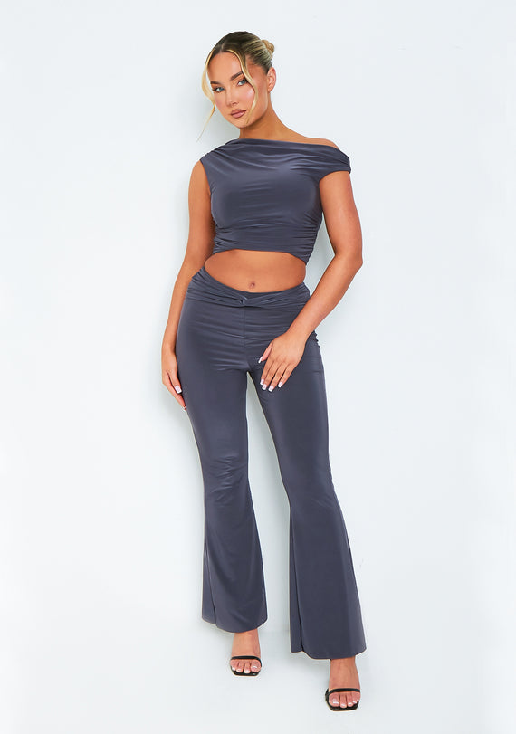 Missyempire Danielle Charcoal Slinky High Waisted Flared Trousers