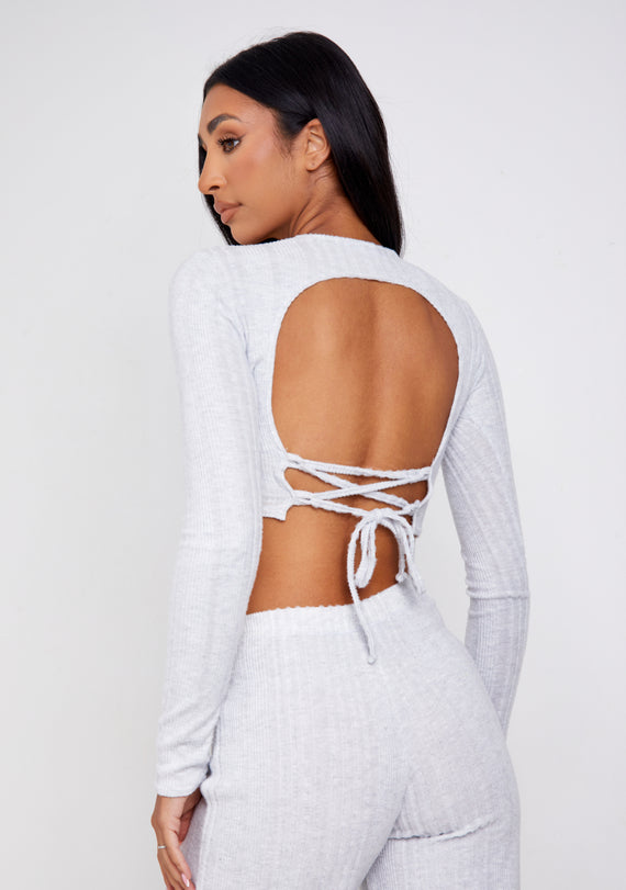 Missyempire Darci Light Grey Super Soft Ribbed Tie Back Top