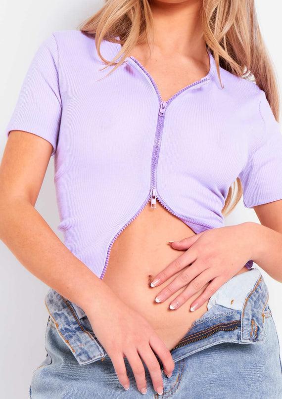 missyempire Darva Lilac Double Zip Knitted Ribbed Top