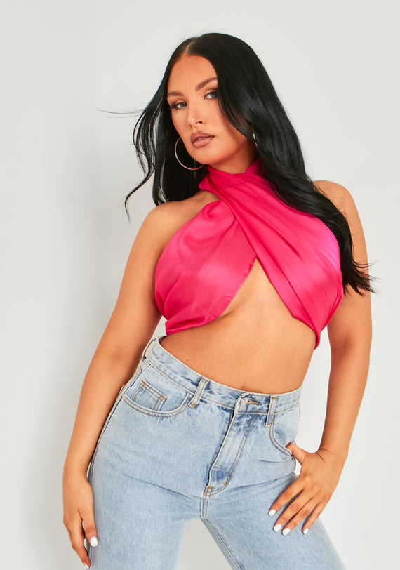 missyempire Dayna Pink Wrap Around Halterneck Scarf Top