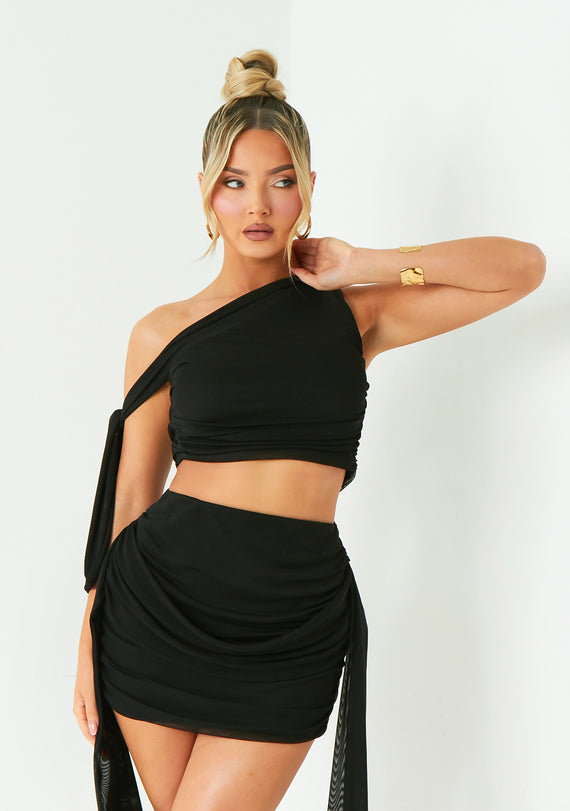 Missyempire Diana Black One Shoulder Tie Detail Mesh Crop Top