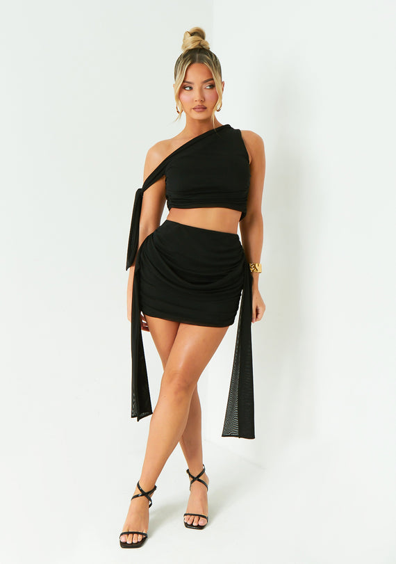 missyempire Diana Black One Shoulder Tie Detail Mesh Crop Top