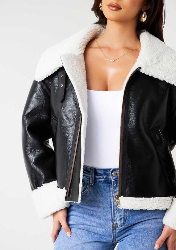 Missyempire Dixie Black Faux Leather Aviator Jacket With Faux Fur Trim