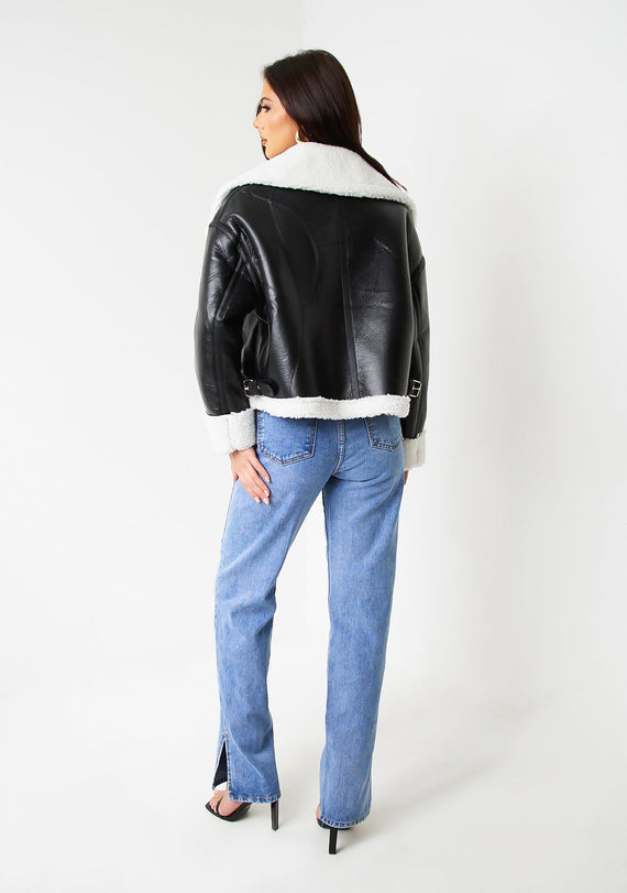 Missyempire Dixie Black Faux Leather Aviator Jacket With Faux Fur Trim