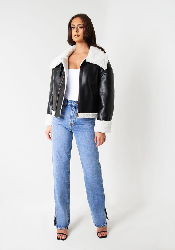 Missyempire Dixie Black Faux Leather Aviator Jacket With Faux Fur Trim