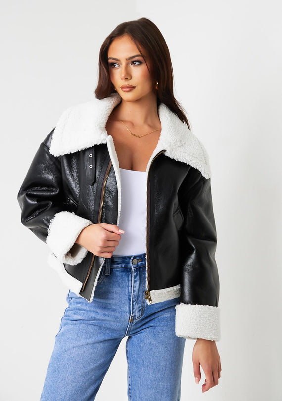 missyempire Dixie Black Faux Leather Aviator Jacket With Faux Fur Trim