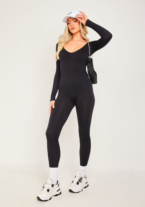 Missyempire Eli Black Plunge Ribbed Seamless Long Sleeve Jumpsuit