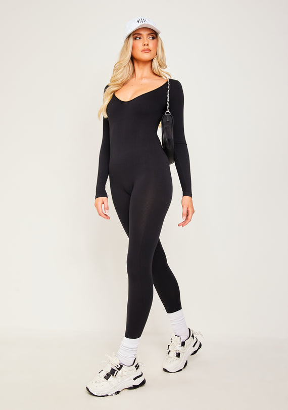 missyempire Eli Black Plunge Ribbed Seamless Long Sleeve Jumpsuit