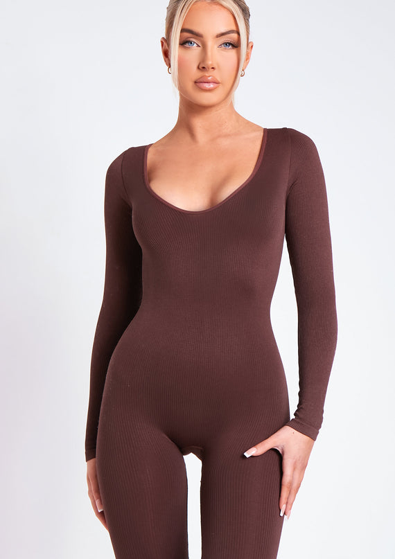 Missyempire Eli Chocolate Plunge Ribbed Seamless Long Sleeve Jumpsuit