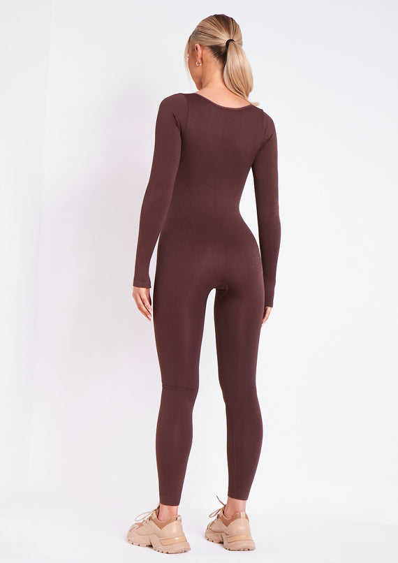 Missyempire Eli Chocolate Plunge Ribbed Seamless Long Sleeve Jumpsuit