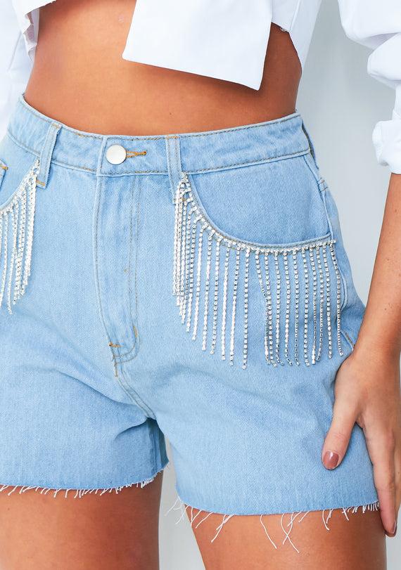 Missyempire Elise Light Blue Diamante Tassel Pocket Shorts