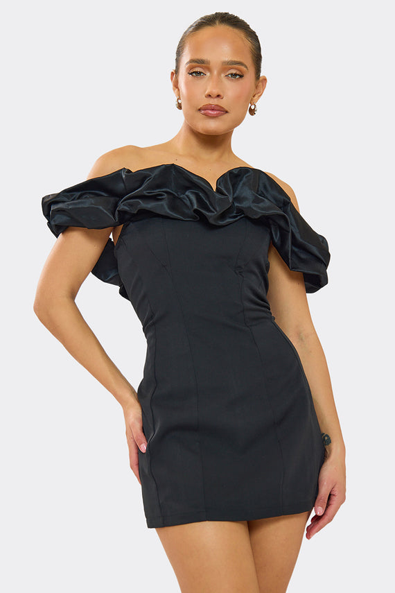 missyempire Ella Black Bardot Off Shoulder Frill Mini Dress
