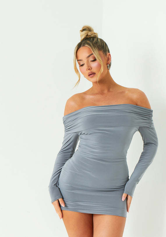 Missyempire Elle Charcoal Fold Down Long Sleeve Bardot Dress