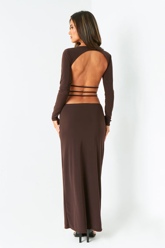 Missyempire Ellen Chocolate Cut Out Back Slinky Maxi Dress