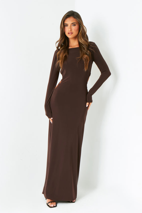missyempire Ellen Chocolate Cut Out Back Slinky Maxi Dress