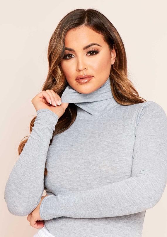 Missyempire Elli Grey Basic Jersey Roll Neck Bodysuit