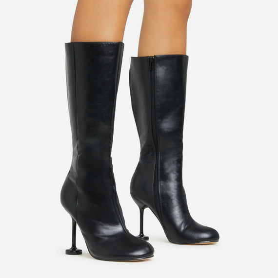 missyempire Envious Square Toe Mid Calf Heel Boot In Black Faux Leather