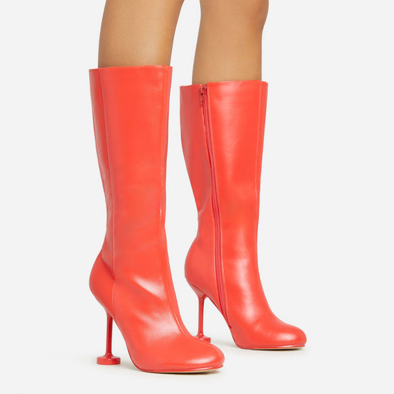 missyempire Envious Square Toe Mid Calf Heel Boot In Red Faux Leather