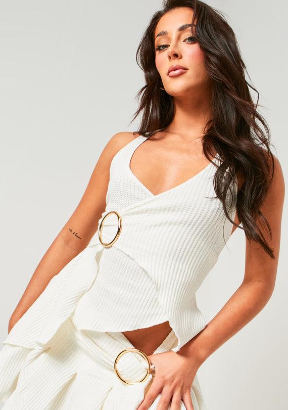 missyempire Eryn Cream Textured Ring Asymmetric Halterneck Top