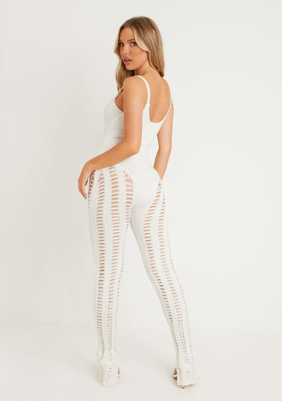 Missyempire Eva Cream Laddered Knitted Seam Jumpsuit